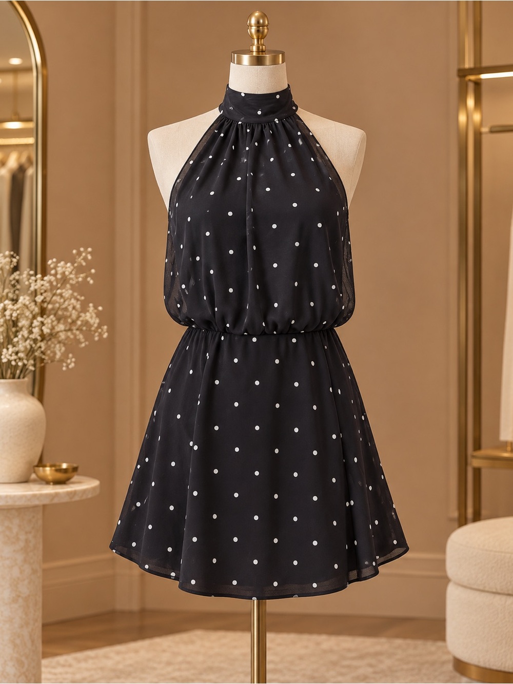 Halter Neck Black Polka Dot Mini Dress NWT